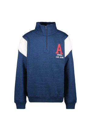 Navyblauwe sweatshirt met hoge kraag, halve rits en witte accentmouwen. Bevat een rode letter "A" en logoprint op de borst.