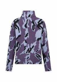 Paarse en lichtblauwe fleecejas met zwart abstract patroon, hoge kraag, lange mouwen en een gestructureerd oppervlak.