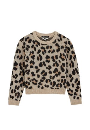 Leopardenmuster-Pullover in Beige und Schwarz, gestrickte Textur, Rundhalsausschnitt, lange Ärmel, gerippte Bündchen und Saum.