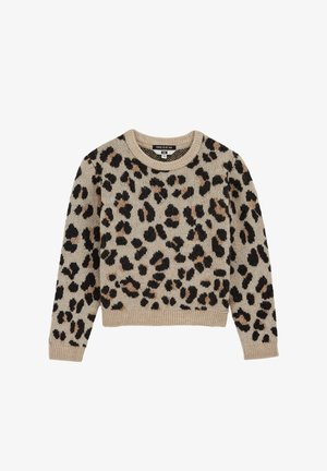 Leopárdmintás pulóver bézs és fekete színben, kötött textúrával, kerek nyakkal, hosszú ujjakkal, bordázott mandzsettákkal és aljjal.