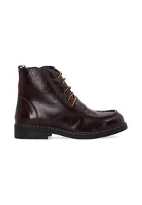 Bordeauxfarbene Leder-Stiefeletten verfügen über eine glatte Oberfläche, eine abgerundete Spitze und kontrastierende gelbe Schnürsenkel mit roten Akzenten. Schwarze Gummisohle.