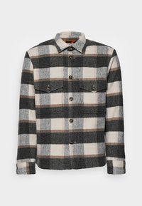 Herenflanellen overhemdjas met een groot ruitpatroon in zwart, grijs en crème, twee borstzakken, grijze knopen en een kraag.