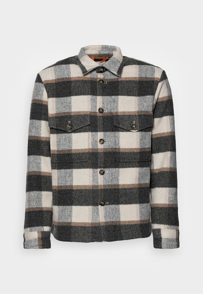 Herenflanellen overhemdjas met een groot ruitpatroon in zwart, grijs en crème, twee borstzakken, grijze knopen en een kraag.