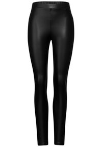 Leggings neri realizzati in un materiale lucido ed elasticizzato. Presentano un'alta vita e un design elegante e aderente, senza cuciture visibili.