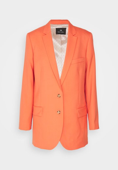 Blazer orange avec revers crantés, deux boutons et poches latérales. L'intérieur présente une doublure à motif léger. Coupe ajustée, texture lisse.