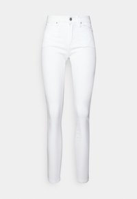 Jeans blancos ajustados con una cintura alta, hechos de denim, que presentan un cierre frontal con botón, costuras sutiles y una textura suave.