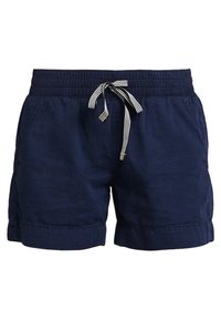 Shorts bleu marine en lin, avec une taille élastique, un cordon de serrage à rayures noires et blanches, et des ourlets repliés.