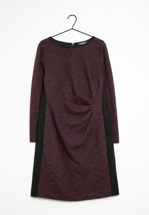 Long-sleeve dress featuring a textured maroon body, black side panels, and gathered detailing on the front. Zipper closure at the back.