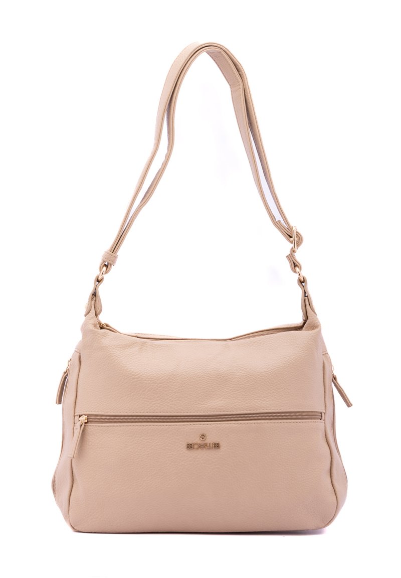 Borsa a spalla in pelle beige con finitura testurizzata, dotata di una tasca frontale con zip e dettagli in metallo dorato, con tracolle regolabili e doppie.