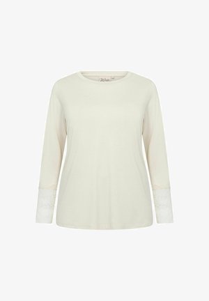 Top crem cu mânecă lungă dintr-un material moale, cu accente din dantelă la manșete, având o guler rotund și o croială lejeră.