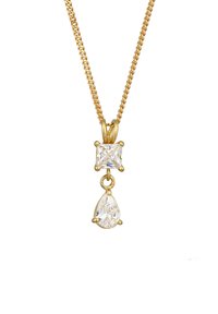 Guldsmykke med en firkantet og en pæformet klar ædelsten pendant, med en delikat kædeles.