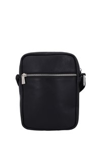 Schwarze Leder-Crossbody-Tasche mit rechteckiger Form, Reißverschluss, verstellbarem Trageriemen und glatter Textur. Metallbeschläge fügen Details hinzu.