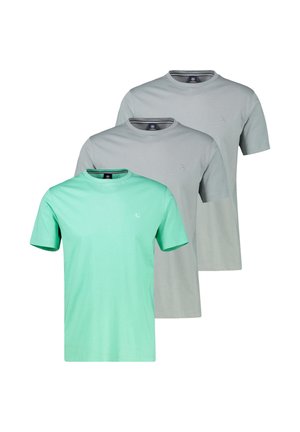 Drei schlichte T-Shirts mit Rundhalsausschnitt in Mintgrün und zwei Grautönen, von vorn nach hinten angeordnet.