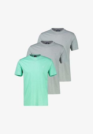 Drei schlichte T-Shirts mit Rundhalsausschnitt in Mintgrün und zwei Grautönen, von vorn nach hinten angeordnet.