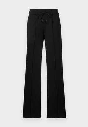 Pantalons noirs sur mesure avec taille à cordon de serrage. Présentent une coupe droite, deux coutures avant et un tissu lisse avec un léger éclat.