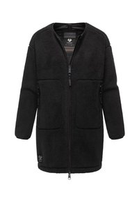 Chaqueta de forro polar negra con cremallera frontal, dos grandes bolsillos cuadrados, mangas largas y cuello redondo, diseñada para mantener el calor y para un uso informal.