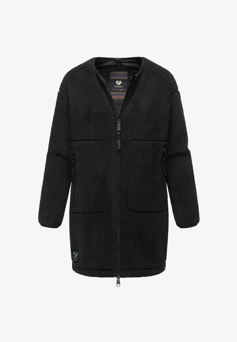 Chaqueta de forro polar negra con cremallera frontal, dos grandes bolsillos cuadrados, mangas largas y cuello redondo, diseñada para mantener el calor y para un uso informal.