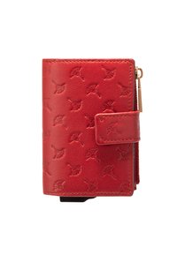 Roodleren portemonnee met geperste patronen, een flap-sluiting en een zijrits. Met een gladde textuur en gouden hardware accenten.