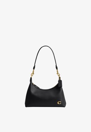 Sac à épaule en cuir noir avec des ferrures dorées, une bandoulière unique et un logo "C" doré dans le coin inférieur droit.
