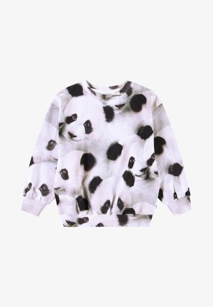 Balts sudrabs ar atkārtojošu pandu seju drukājumu, ar melniem akcentiem ap acīm un ausīm, kā arī ribotiem piegriezumiem pie piedurknēm un apkakles.