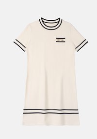 Crème-kleurige jurk gemaakt van een zachte stof. Heeft een ronde halslijn en korte mouwen met zwarte strepen. Inclusief een klein zakje met details.
