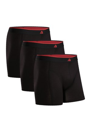 Schwarze Boxershorts mit einem roten Bund zeichnen sich durch eine glatte Textur und ein minimalistisches Design aus. Drei Stücke sind übereinander gestapelt, wobei das Logo des Bundes hervorgehoben wird.