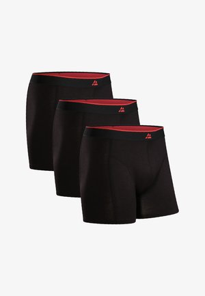 Schwarze Boxershorts mit einem roten Bund zeichnen sich durch eine glatte Textur und ein minimalistisches Design aus. Drei Stücke sind übereinander gestapelt, wobei das Logo des Bundes hervorgehoben wird.