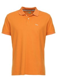 Polo arancione realizzato in cotone, con colletto, pattina con due bottoni e un piccolo logo sul petto sinistro. Maniche corte.