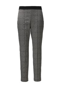 Czarno-białe spodnie w kratę o dopasowanej sylwetce, z szerokim elastycznym pasem i teksturowanym materiałem. Bez kieszeni.