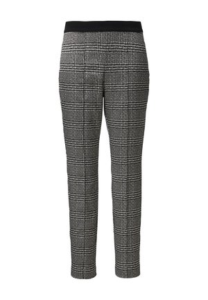 Schwarz-weiße karierte Hose mit tailliertem Schnitt, ausgestattet mit einem breiten elastischen Bund und strukturiertem Stoff. Keine Taschen.