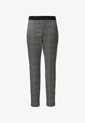 Schwarz-weiße karierte Hose mit tailliertem Schnitt, ausgestattet mit einem breiten elastischen Bund und strukturiertem Stoff. Keine Taschen.