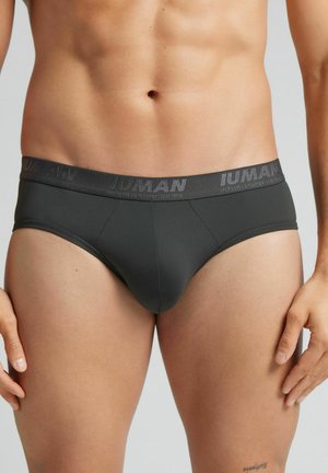 Dunkelgraue Herrenbriefe aus glattem Stoff. Besitzt einen bequemen elastischen Bund mit eingeprägtem Markenlogo. Klassisches Briefdesign.