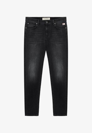 Schwarze Slim-Fit-Jeans mit verwaschenem Look, vorne mit Knopf und Reißverschluss, fünf Taschen und Roy Rogers Markenetiketten am Bund und an der Tasche.