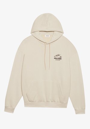 Beige hoodie van zachte stof, met een frontzak, verstelbare trekkoordcapuchon en een grafische print van sterren en tekst op de borst.