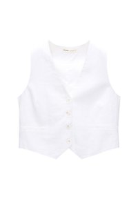 Gilet en lin blanc avec un décolleté en V profond, comportant six boutons et deux poches latérales. Texture lisse et coupe ajustée.