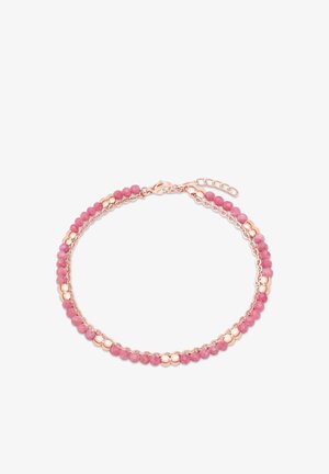 Bracelet rose composé de perles rondes facettées et d'accents métalliques lisses, avec une finition en or rose et une extension de chaîne pour une longueur ajustable.