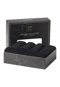 Black cotton socks in a rectangular black box with a top design featuring white contour lines and gold text for "Business Collection."