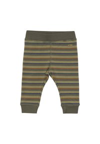 Randiga bomullstights i olivgrön, med horisontella ränder i brunt och marinblått, med elastisk midja och ankelmanschetter.