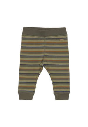 Gestreifte Baumwollleggings in Olivgrün, mit horizontalen Streifen in Braun und Marineblau, einem elastischen Bund und Bündchen an den Knöcheln.