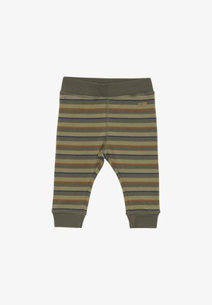 Gestreifte Baumwollleggings in Olivgrün, mit horizontalen Streifen in Braun und Marineblau, einem elastischen Bund und Bündchen an den Knöcheln.