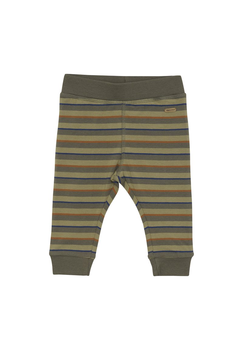 Randiga bomullstights i olivgrön, med horisontella ränder i brunt och marinblått, med elastisk midja och ankelmanschetter.