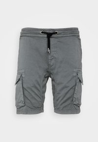 Shorts cargo gris avec une taille élastique, des poches latérales et une coupe décontractée. Fabriqués en tissu léger avec une texture lisse.