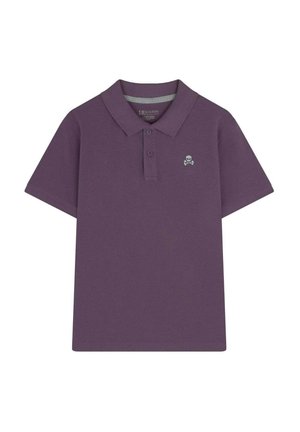 Polo shirt violet en coton, avec une patte de boutonnage à trois boutons et un petit logo de crâne brodé sur la poitrine. Manches courtes.