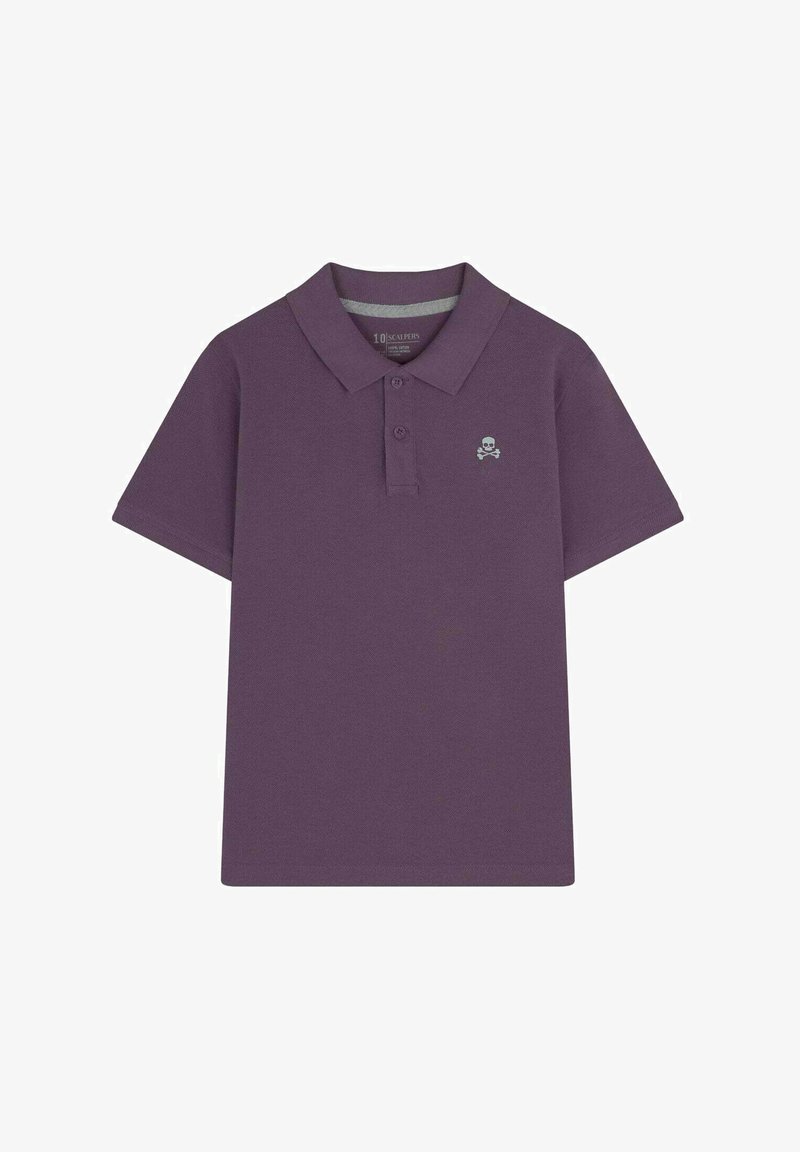 Lila Poloshirt aus Baumwolle, mit einem Drei-Knopf-Verschluss und einem kleinen aufgestickten Totenkopf-Logo auf der Brust. Kurze Ärmel.
