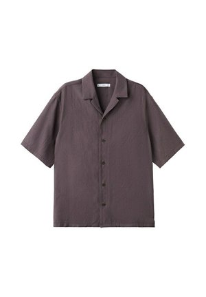 Korte mouwen, overhemd met knopen in donkergrijs met een ingezette kraag en een losse pasvorm, weergegeven op een witte achtergrond.