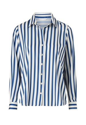 Langärmelige Bluse mit Knöpfen, blau-weißen senkrechten Streifen und klassischem spitzem Kragen.