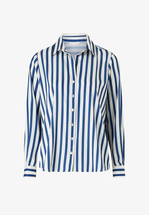 Langærmet skjortebluse med blå og hvide lodrette striber og en klassisk spids krave.