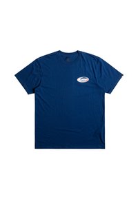Navy blue cotton t-shirt with a round neck, short sleeves, and a small multicolored logo on the chest. Smooth texture and regular fit.