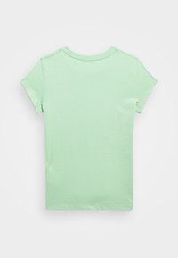 Mintgrön t-shirt med kort ärm gjord av mjuk bomull, med rundad halsringning och rena, enkla linjer. Inga ytterligare mönster eller detaljer.