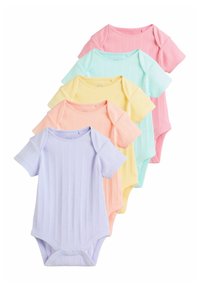 Piecas īsroku bodijs krekliņas pasteļtoņos: lavandas, persiku, piparmētras, dzeltenā un rozā krāsā, izgatavotas no teksturētas riboto auduma ar sprādzīšu aizdari.